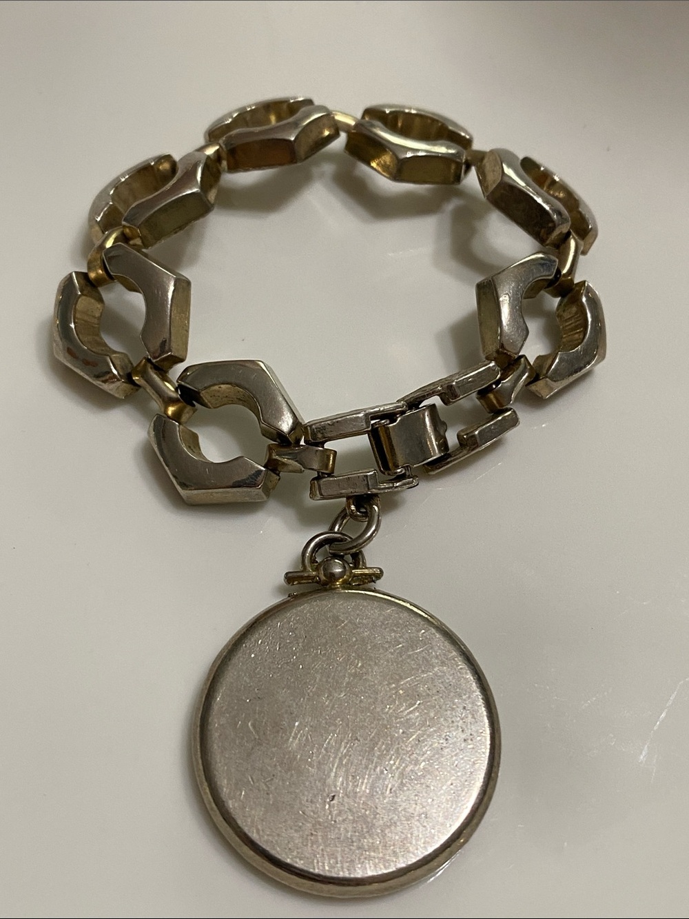 Chunky Silver Link Bracelet with Round Pendant